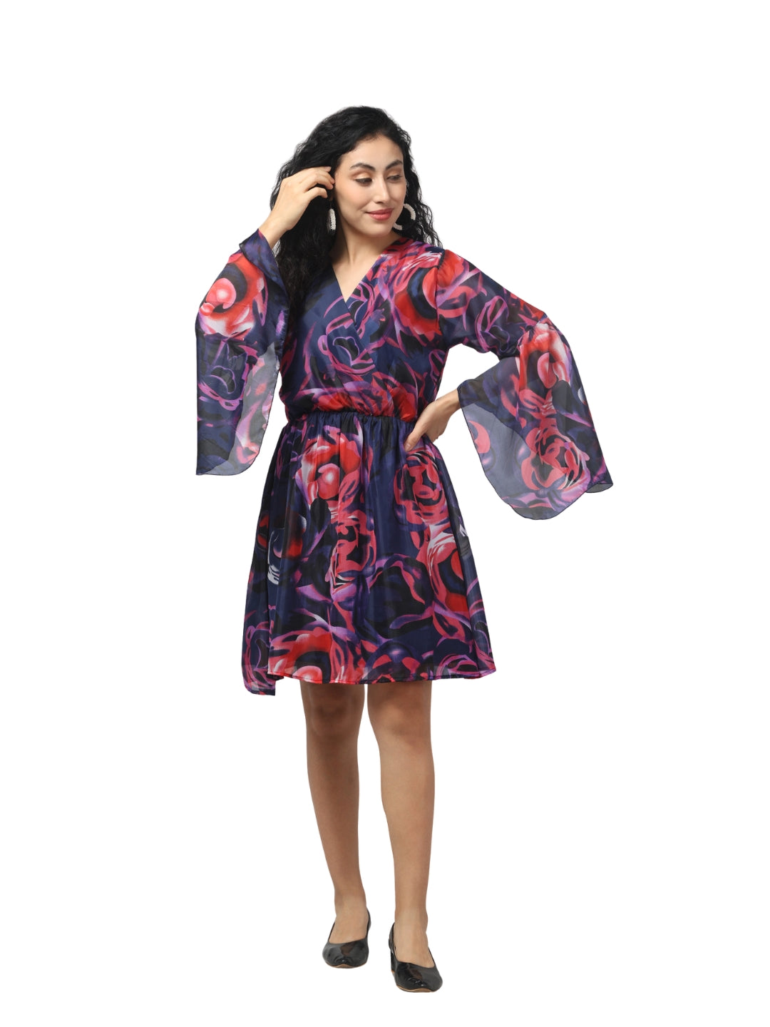 Living CO Women Multicolor Georgette V Neck Flared Sleeves Stitched Printed Knee Length One Piece Dress
