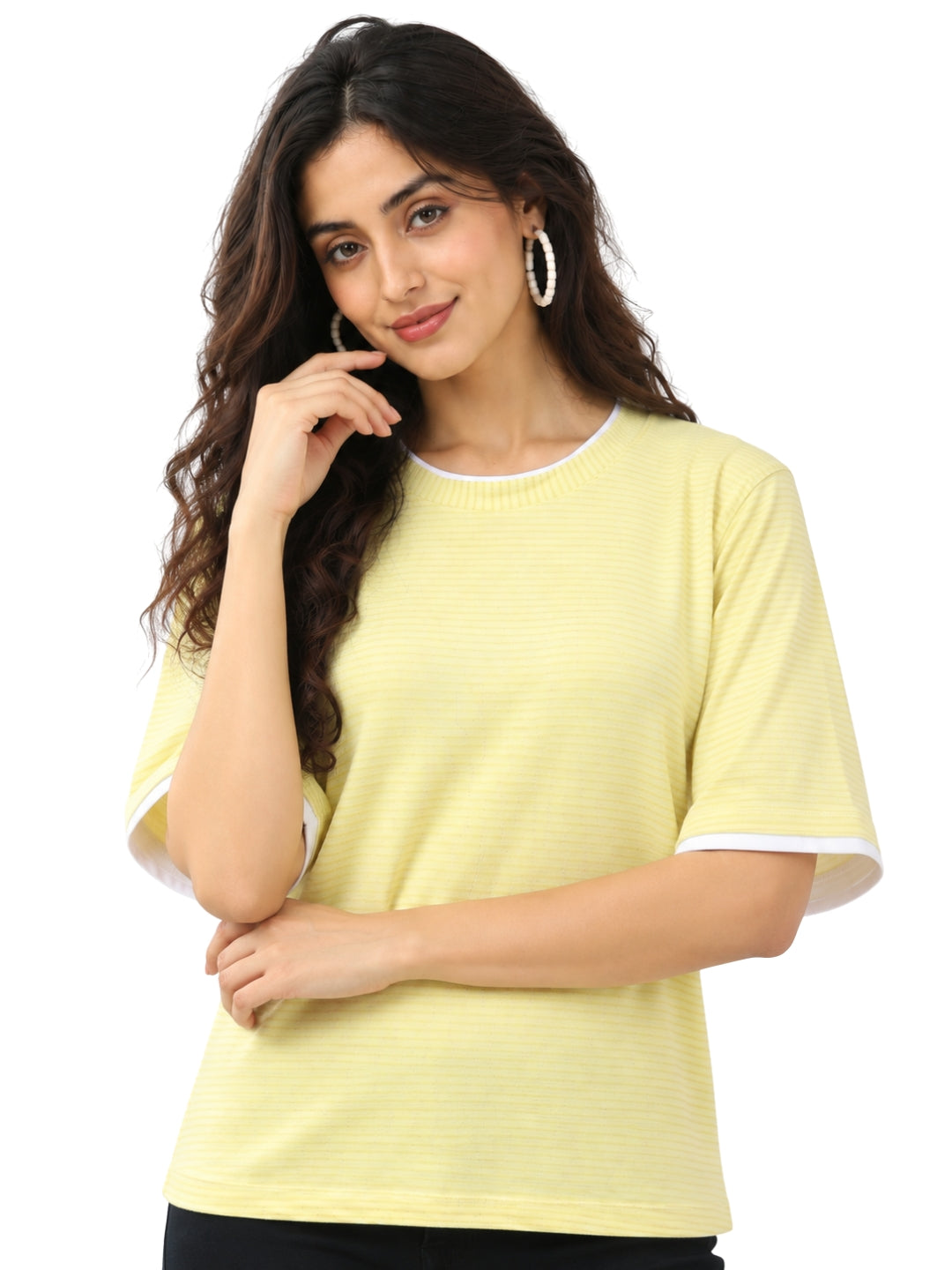 Living CO Women Light Yellow Cotton Oversized Half Sleeves Round Neck Stitched Jersey T-Shirt