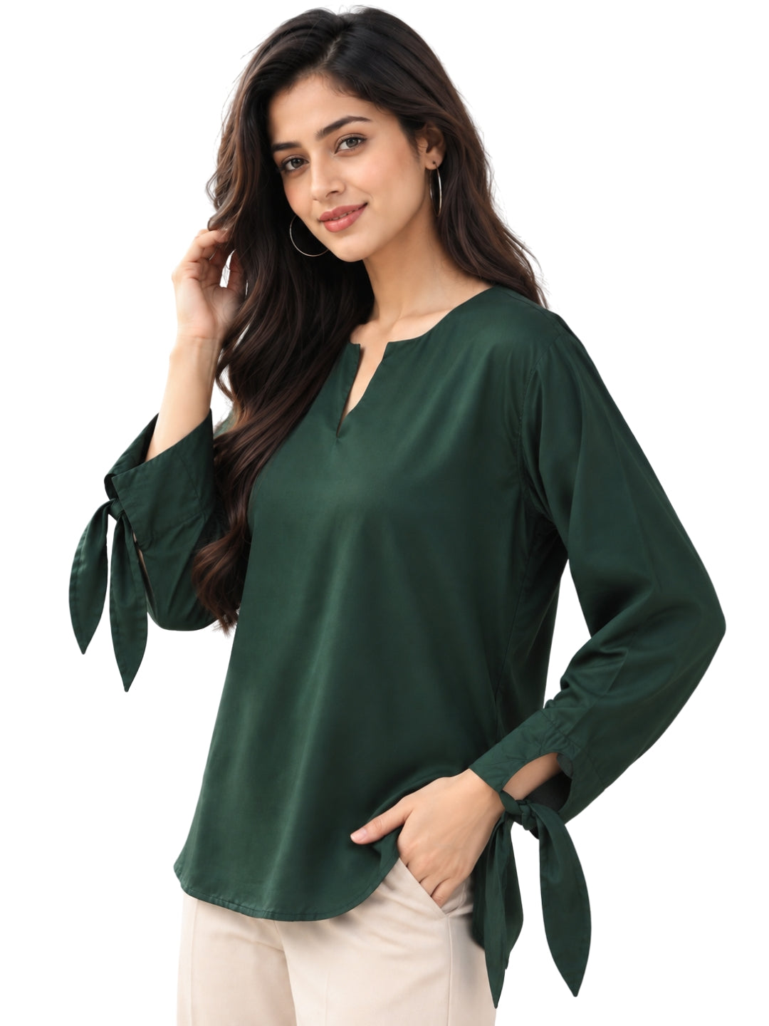 Women’s Dark Green Tie-Sleeve V-Neck Top