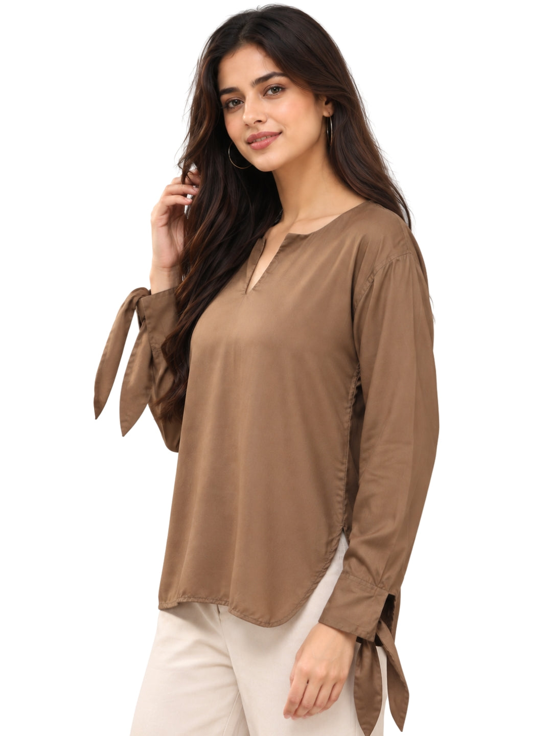 Women's Mocha Brown V-Neck Tunic Top with Tie-Up Cuffs