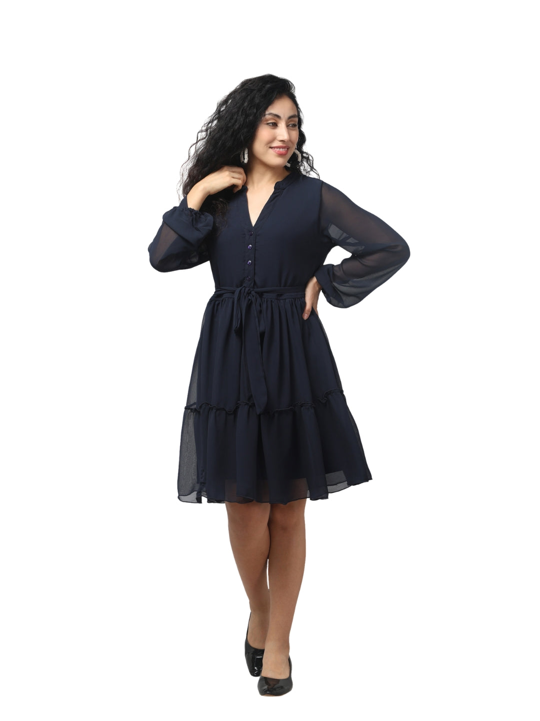 Living CO Women Black Georgette V Neck Long Bell Sleeves Tiered Stitched Knee Length Dress