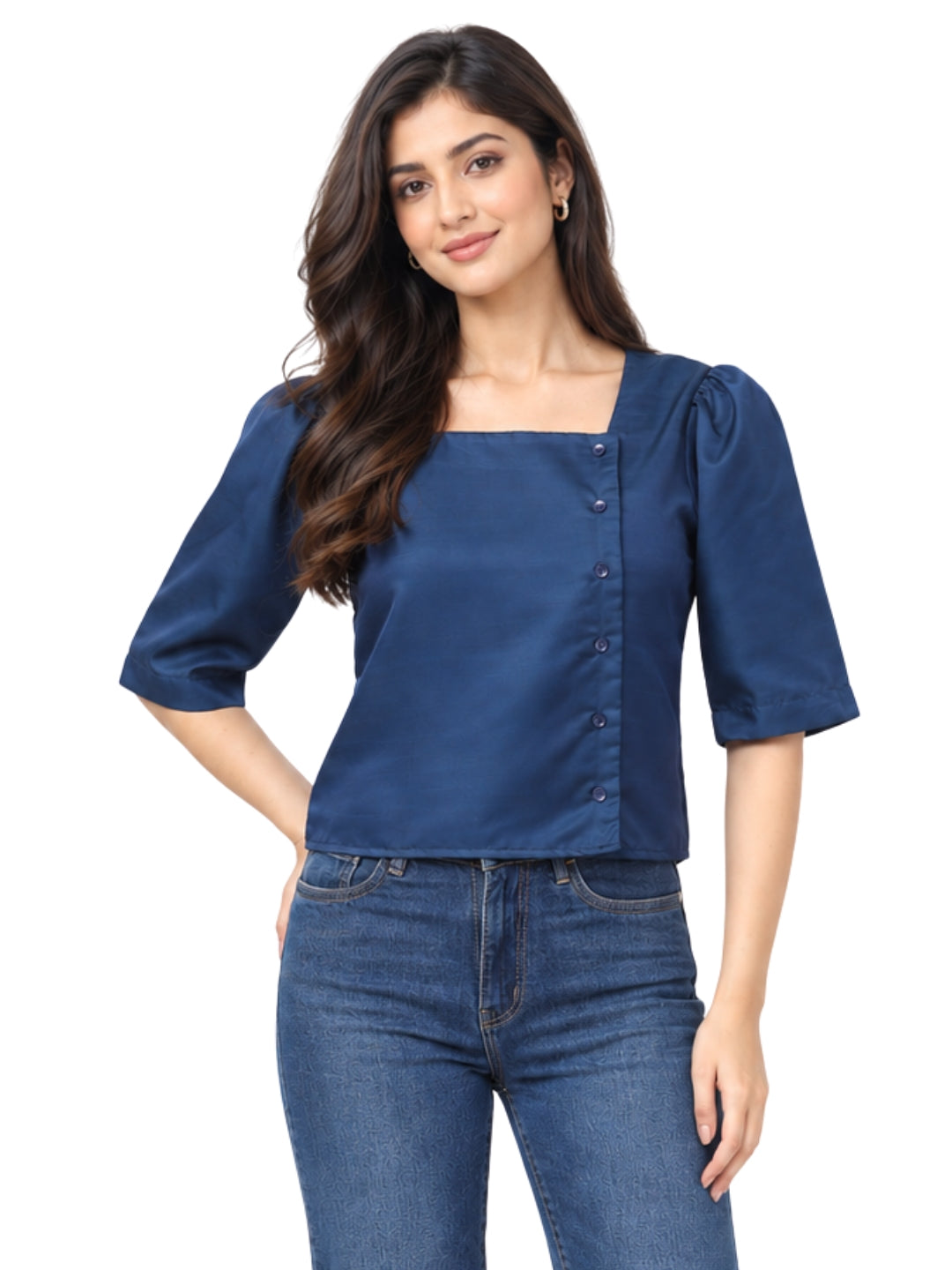 Living CO Women Navy Blue Linen Satin Square Neck Half Sleeves Stitched Korean Top