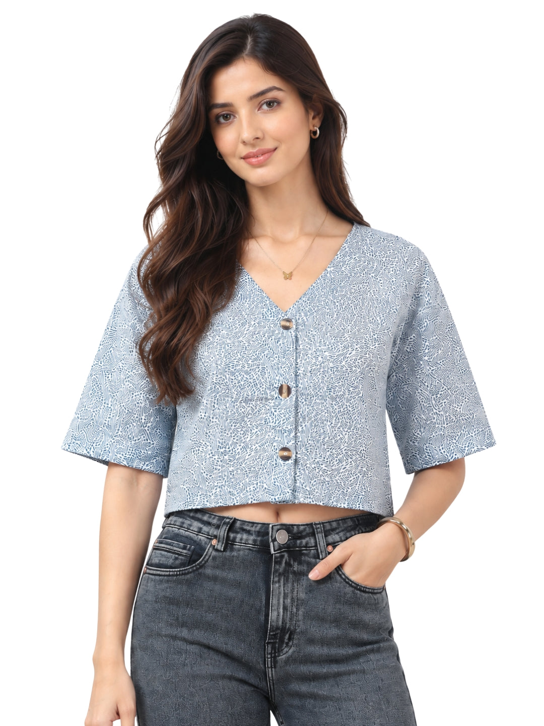 Women’s Blue Printed Cotton Poplin Cropped Top
