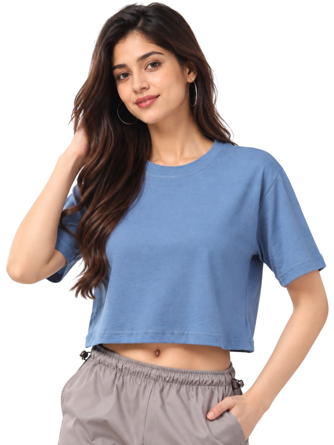 Women’s Light Blue Cotton Cropped T-Shirt with Crew Neck and Short Sleeves