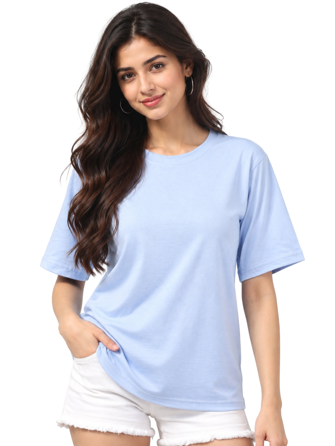 Living CO Women Powder Blue Cotton Round Neck Half Sleeves Stitched Casual T Shirt