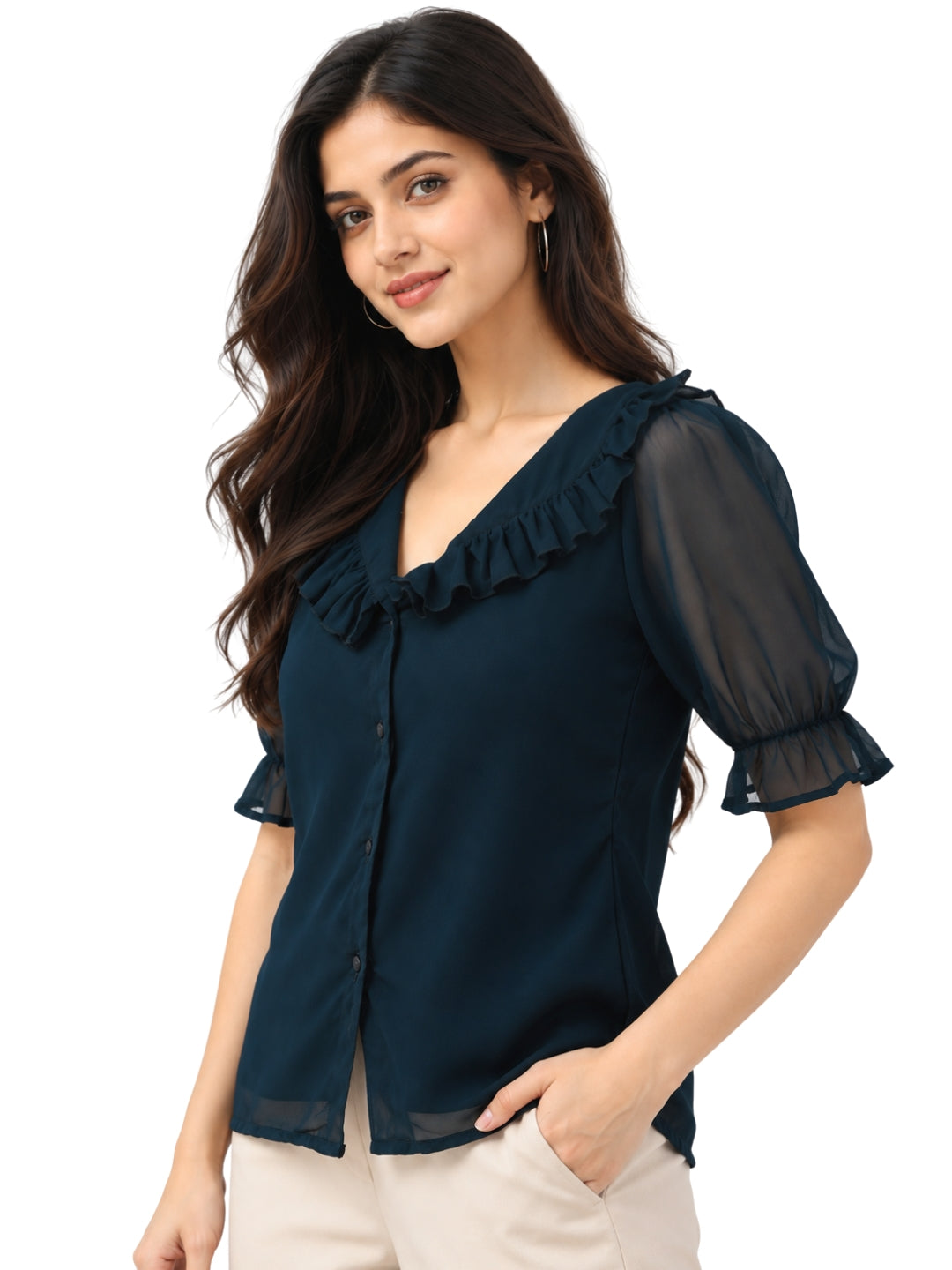 Women's Teal Blue Ruffled V-Neck Button-Down Blouse