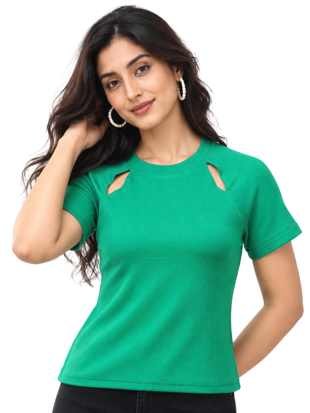 Living CO Women Teal Green Ribbed Round Neck Short Sleeves Stitched Casual Top