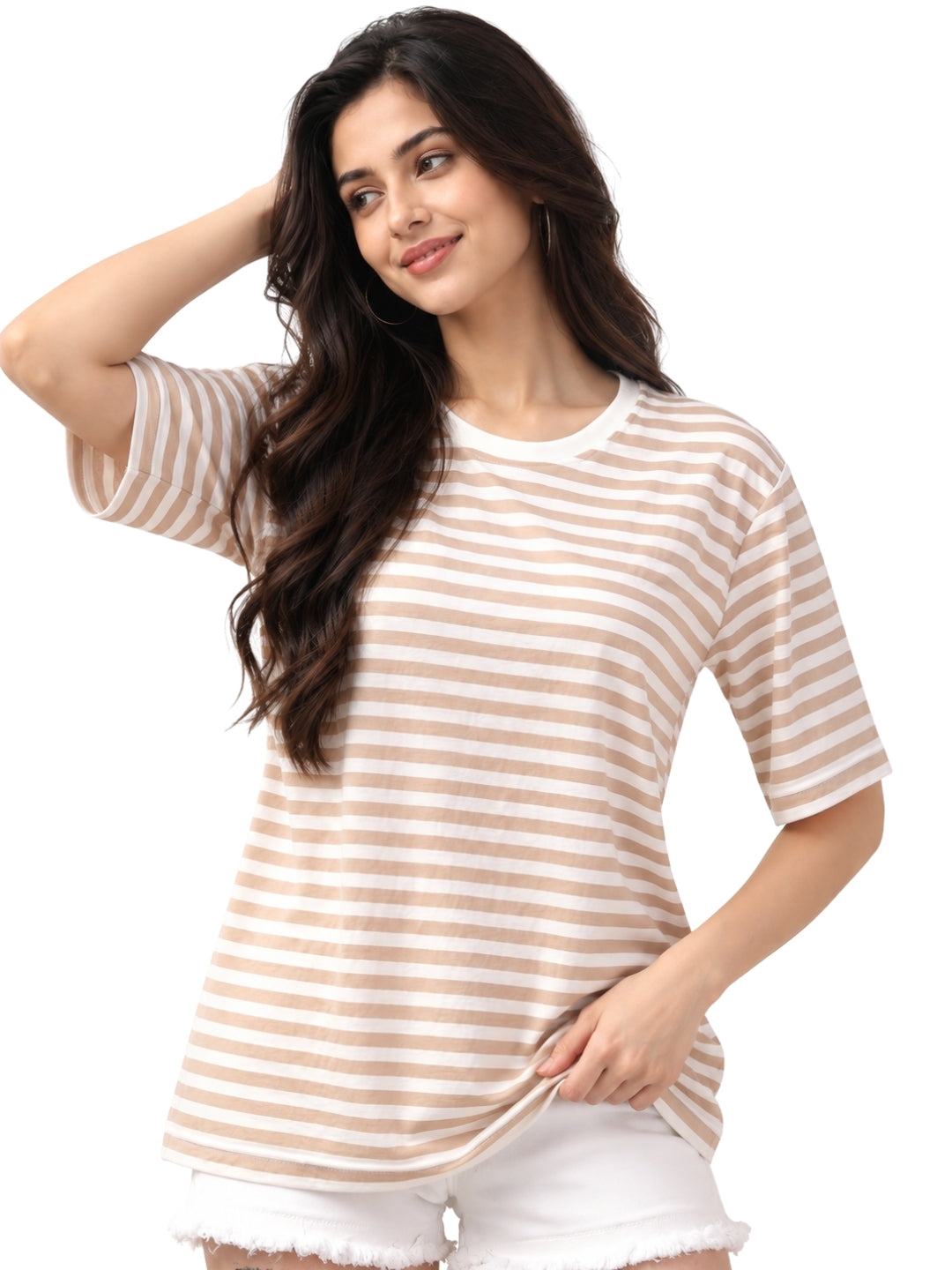 Women's Beige and White Striped Cotton Casual T-Shirt with Round Neck and Half Sleeves
