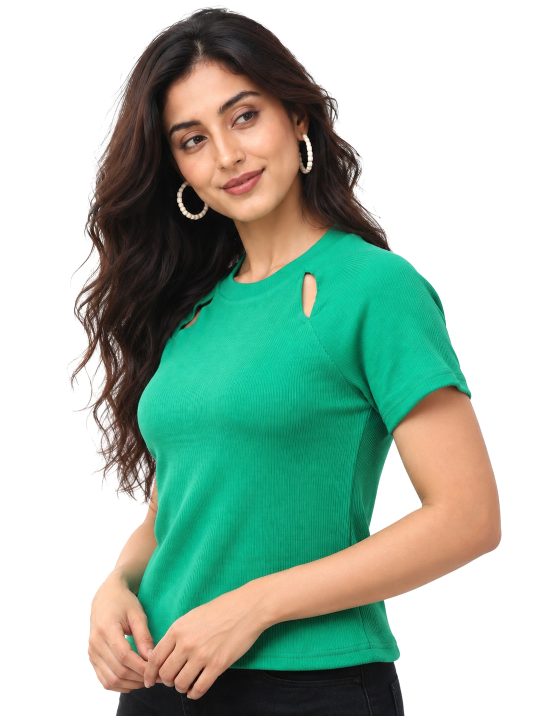 Living CO Women Teal Green Ribbed Round Neck Short Sleeves Stitched Casual Top