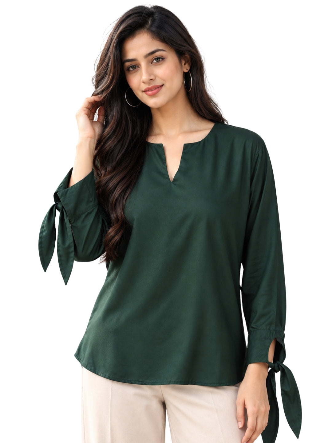 Women’s Dark Green Tie-Sleeve V-Neck Top