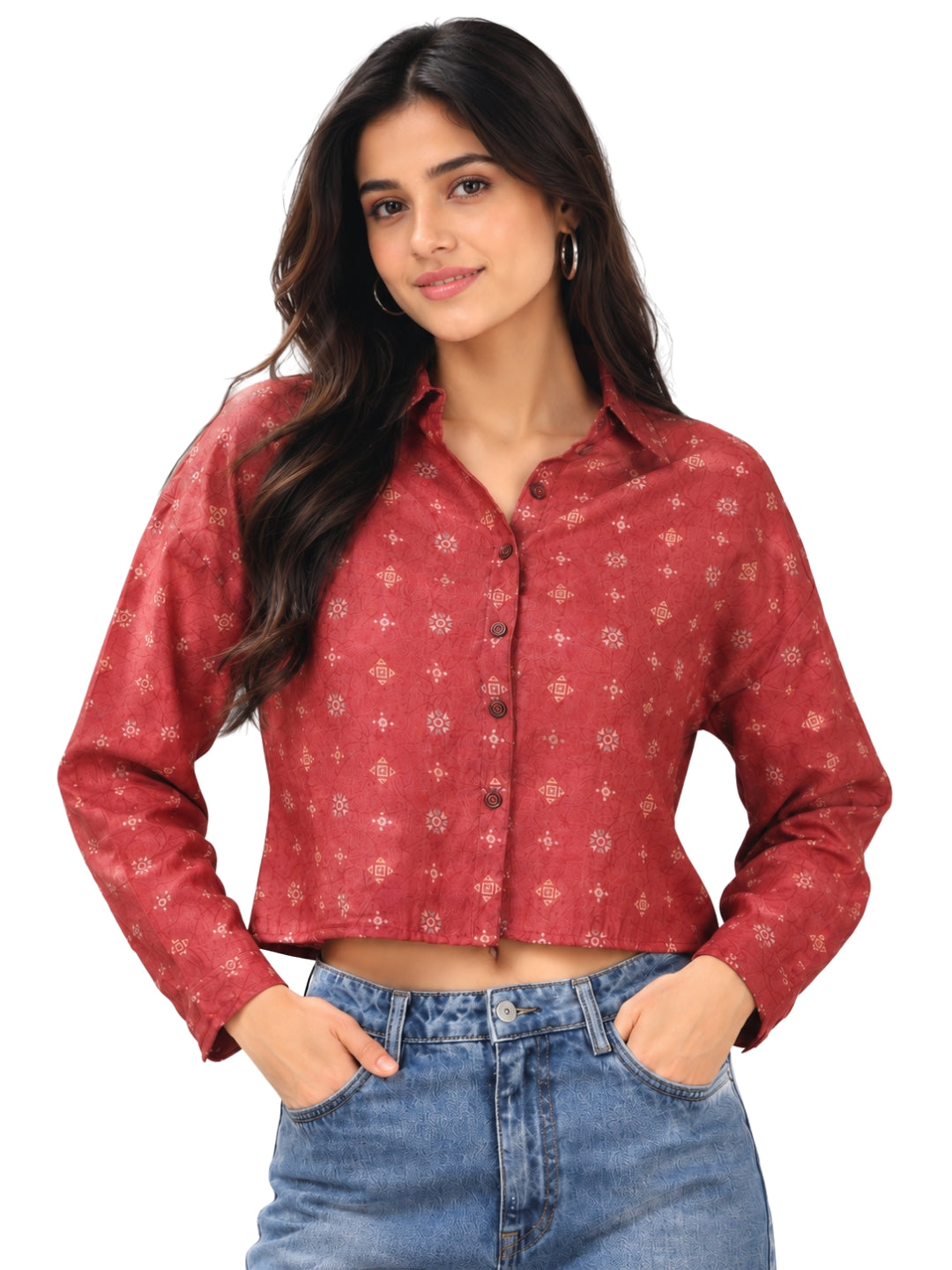 Women’s Red Printed Cropped Shirt | Full Sleeve Button-Down Top