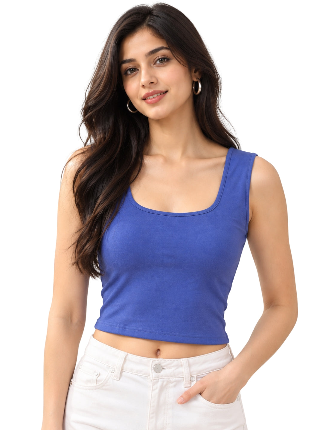 Women’s Royal Blue Sleeveless Scoop Neck Fitted Crop Top for Casual Everyday Wear