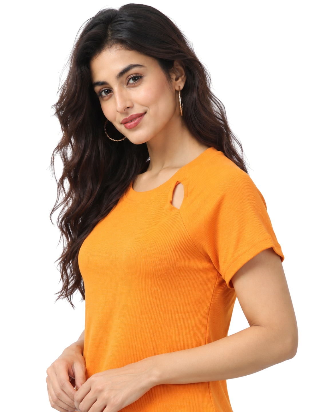 Living CO Women Light Yellow Ribbed Round Neck Short Sleeves Stitched Casual Top