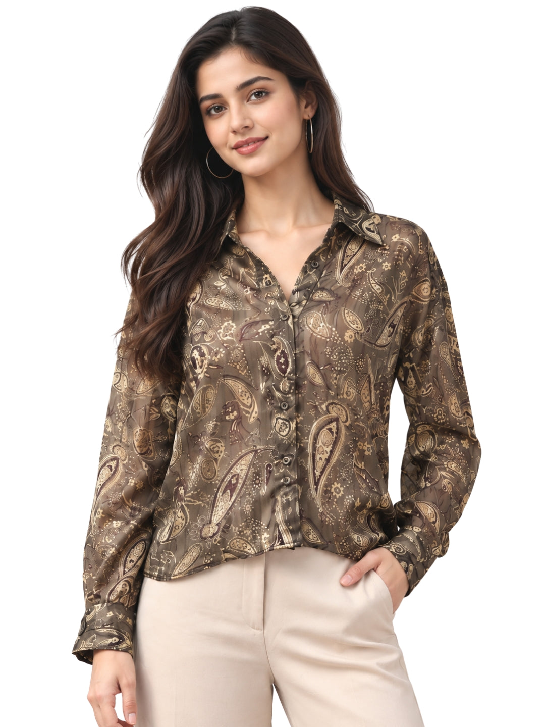 Women’s Brown Paisley Print Full Sleeve Shirt
