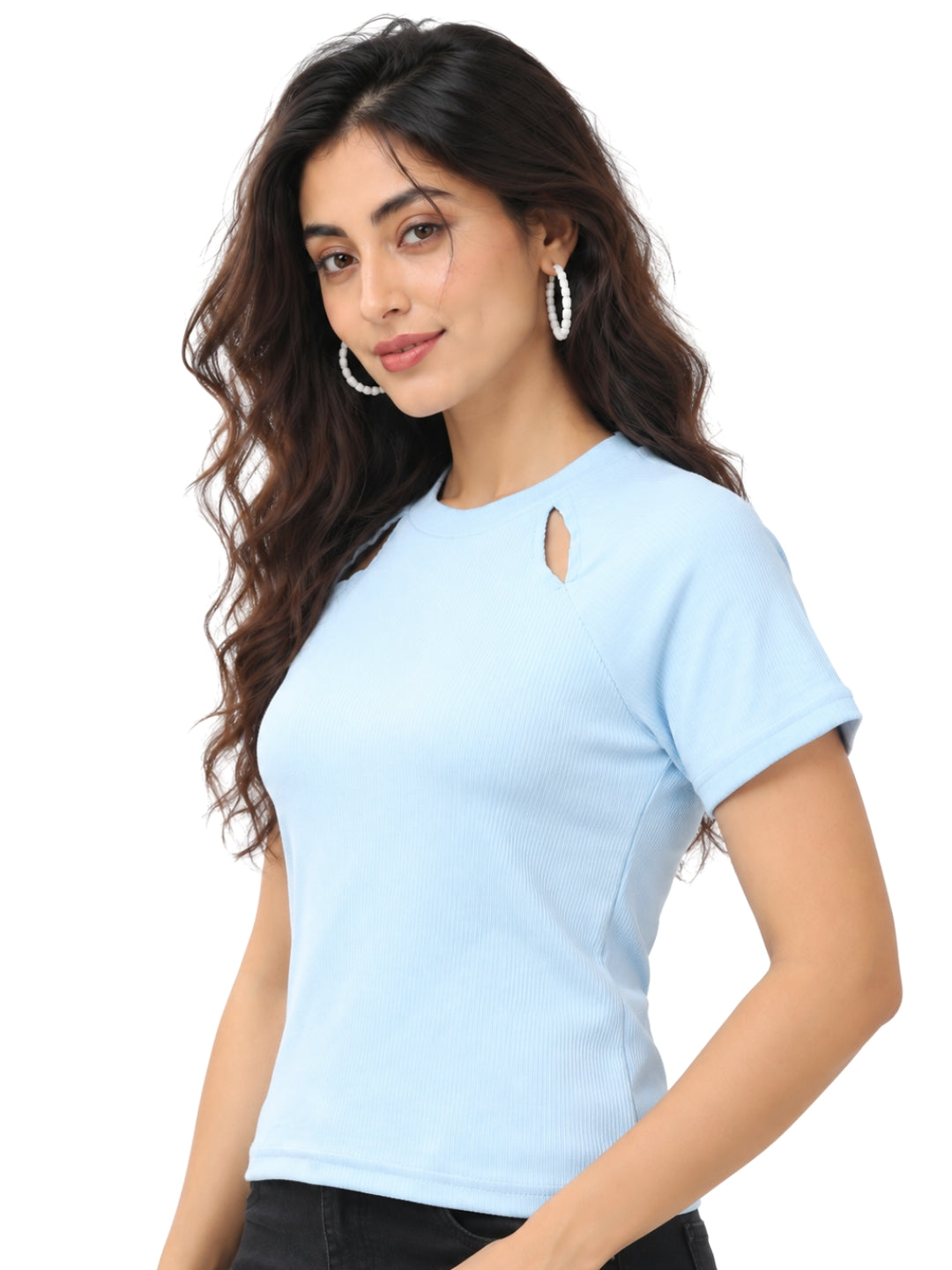 Living CO Women Sky Blue Ribbed Round Neck Short Sleeves Stitched Casual Top