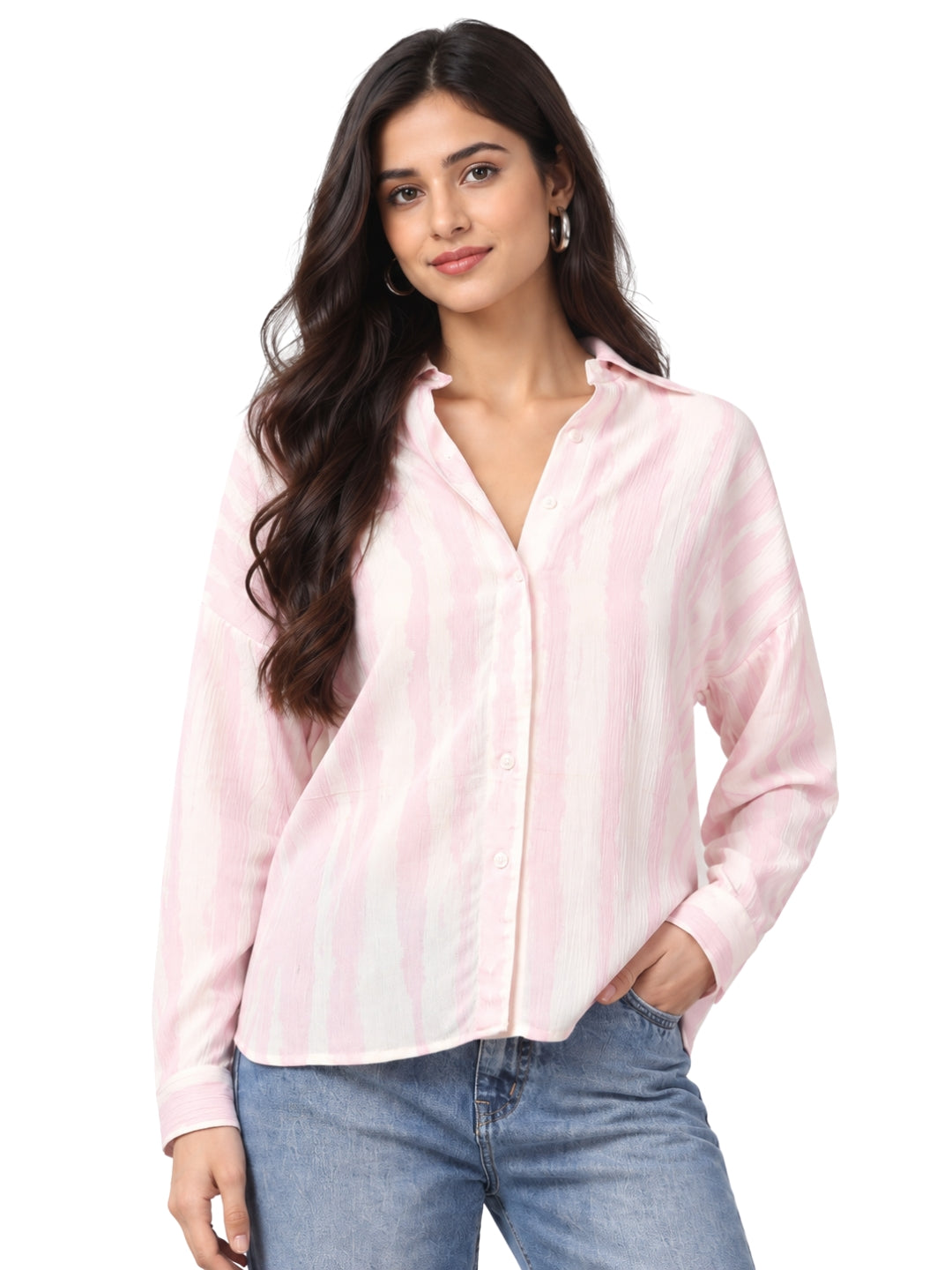 Soft Pink Textured Striped Shirt for Women
