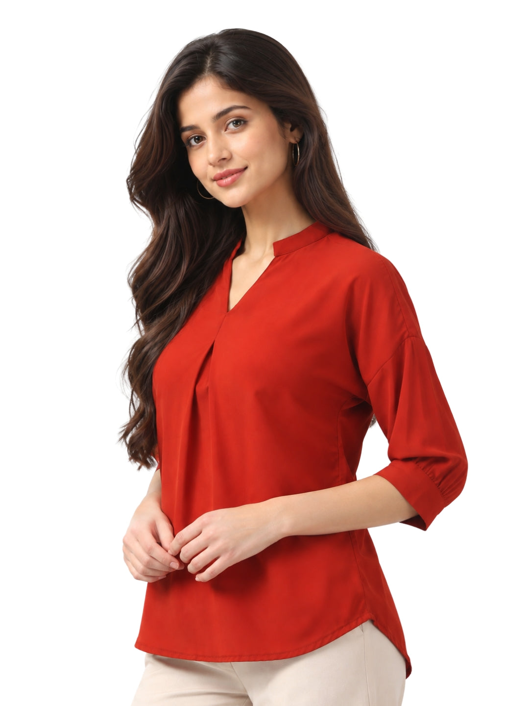 Living CO Women Rust Viscose Blend V Neck Three Quarter Sleeves Stitched Casual Top