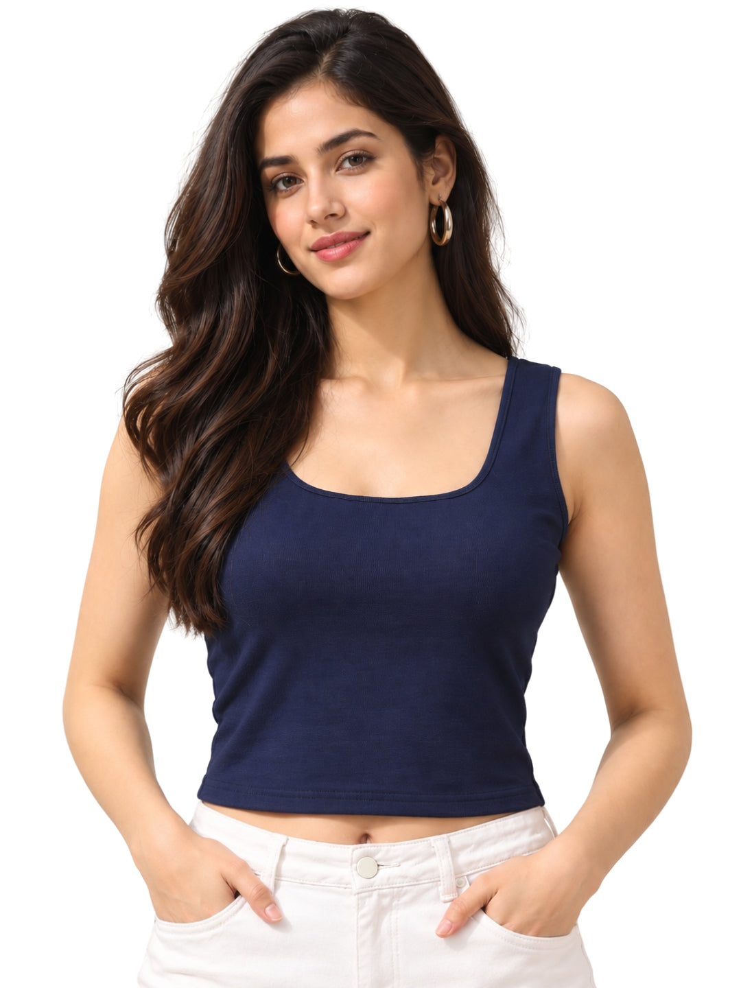 Women’s Navy Blue Sleeveless Crop Top | Round Neck Fitted Tank Top