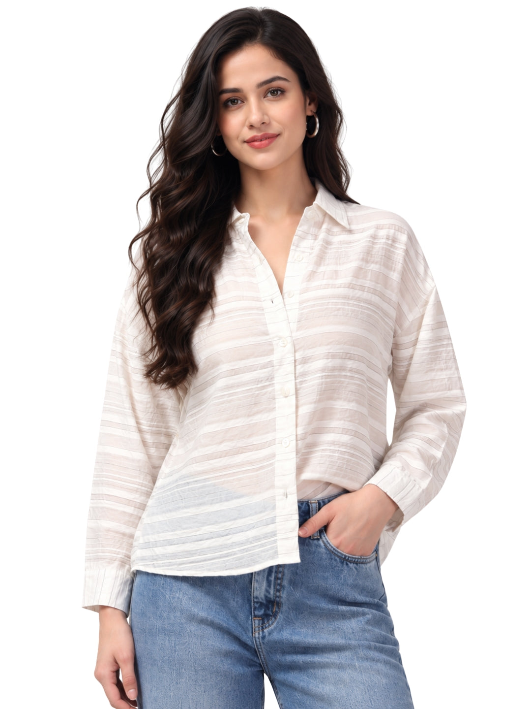 Women’s White Striped Shirt | Full Sleeve Casual Button-Down Top