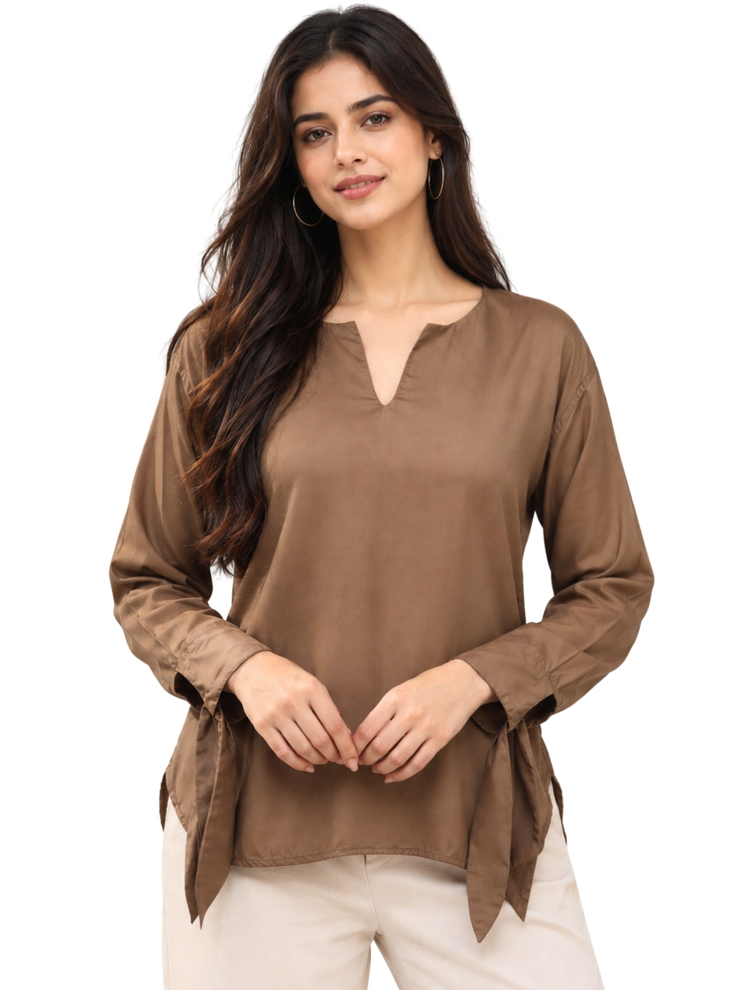 Women's Mocha Brown V-Neck Tunic Top with Tie-Up Cuffs