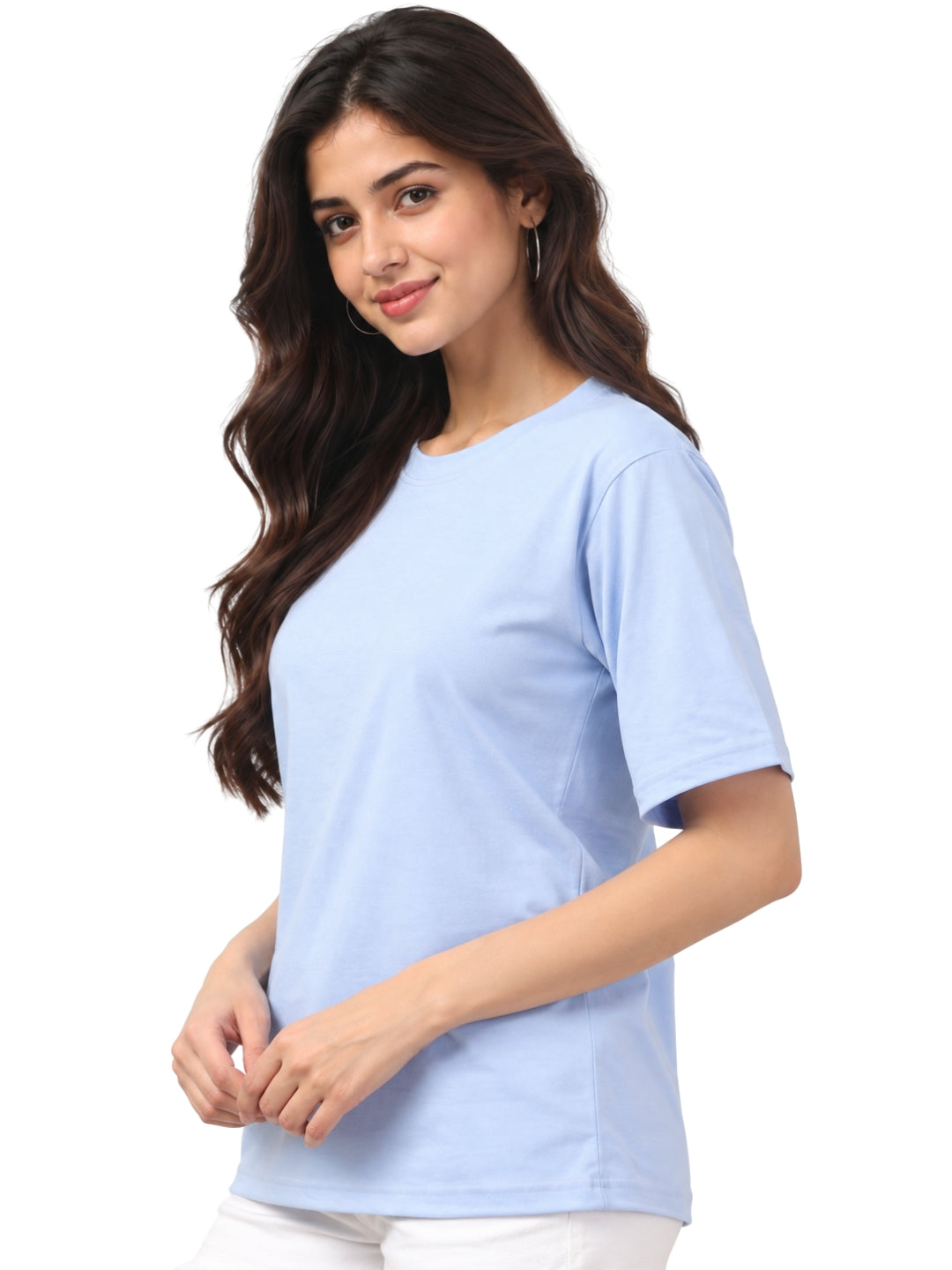 Living CO Women Powder Blue Cotton Round Neck Half Sleeves Stitched Casual T Shirt