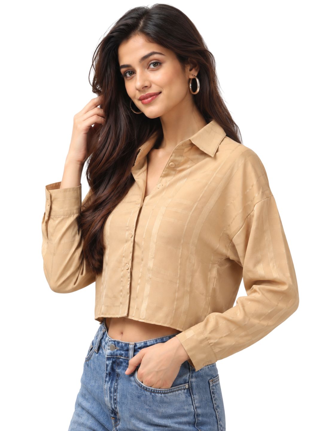 Women’s Beige Checked Cropped Full Sleeve Collared Button-Down Crop Top with Subtle Check Pattern