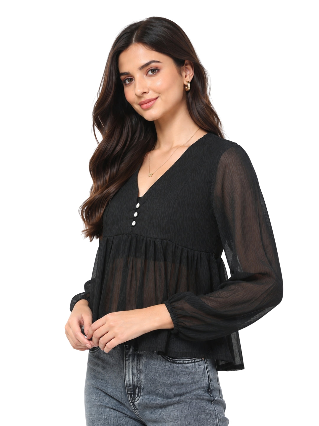 Living CO Women Charcoal Black Viscose Georgette V Neck Long Sleeves Stitched Flared Top