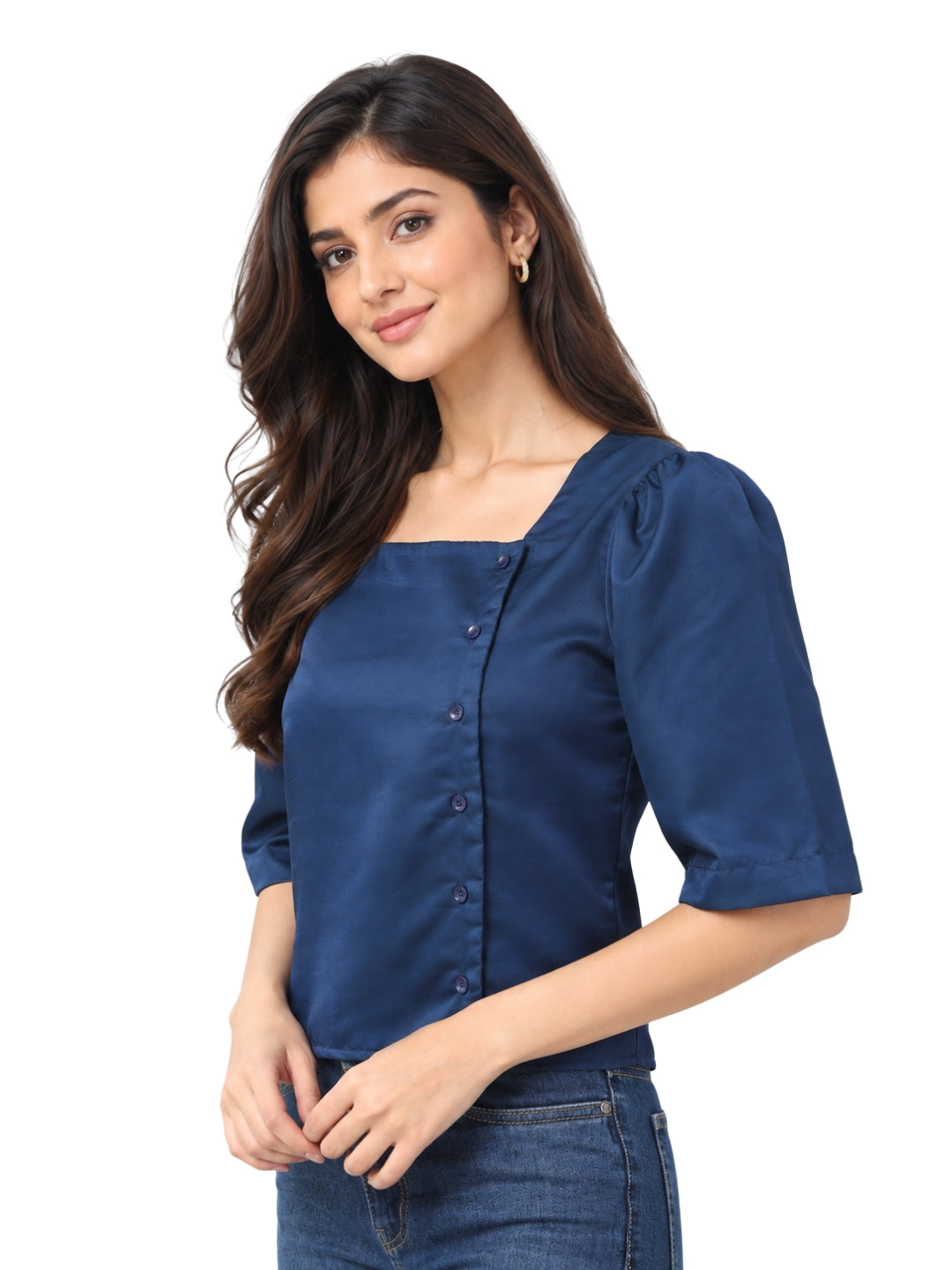 Living CO Women Navy Blue Linen Satin Square Neck Half Sleeves Stitched Korean Top