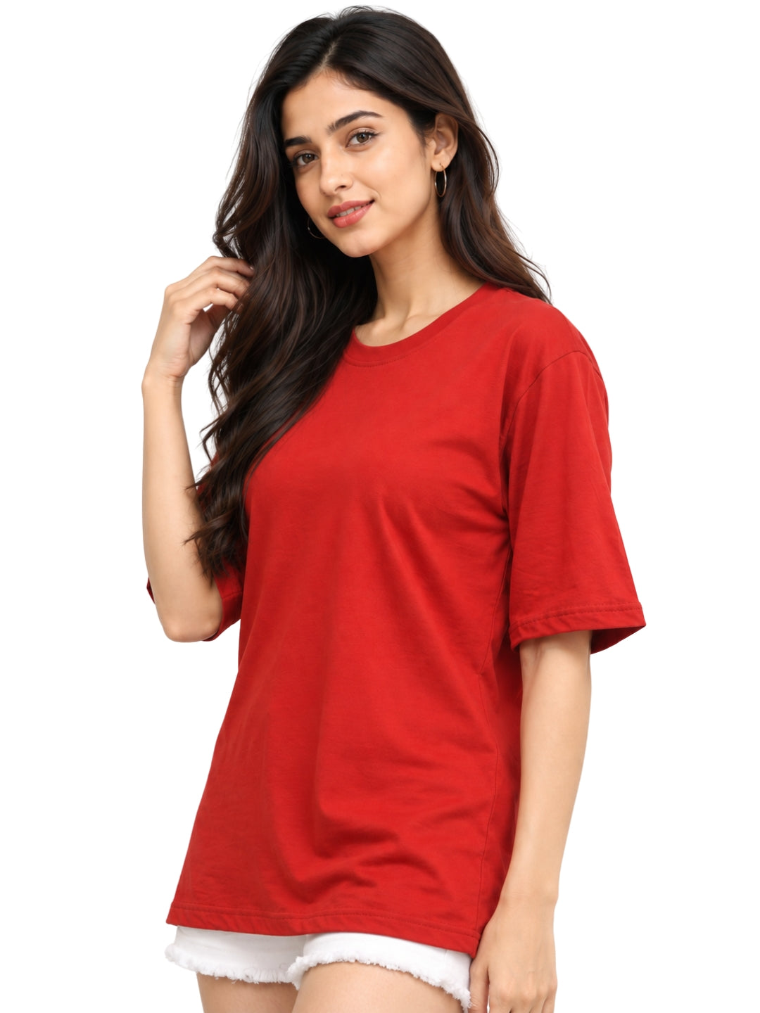 Living CO Women Red Cotton Round Neck Half Sleeves Stitched Casual T Shirt