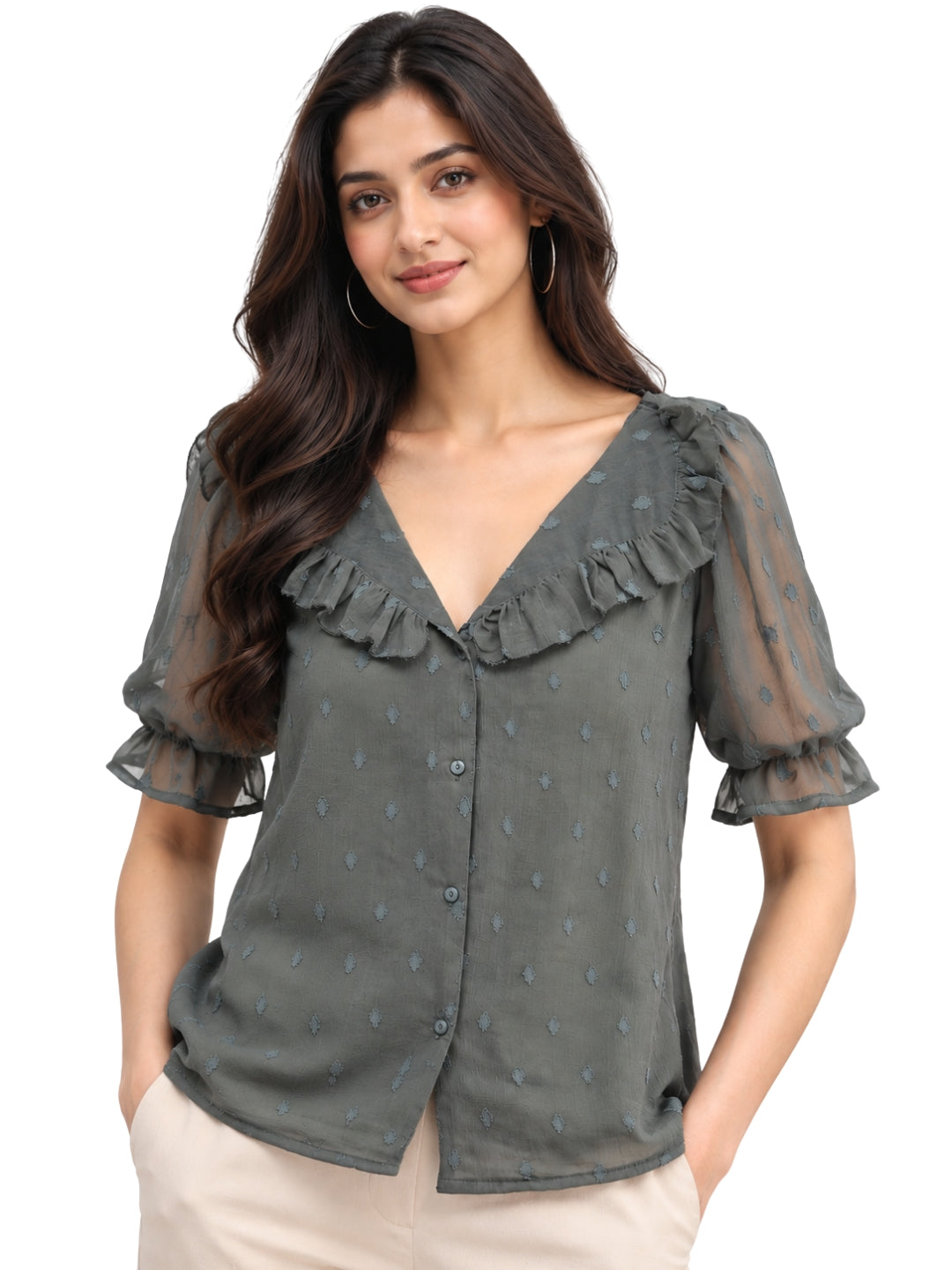 Women’s Elegant Olive Green Ruffled V-Neck Button-Front Sheer Sleeve Casual Top