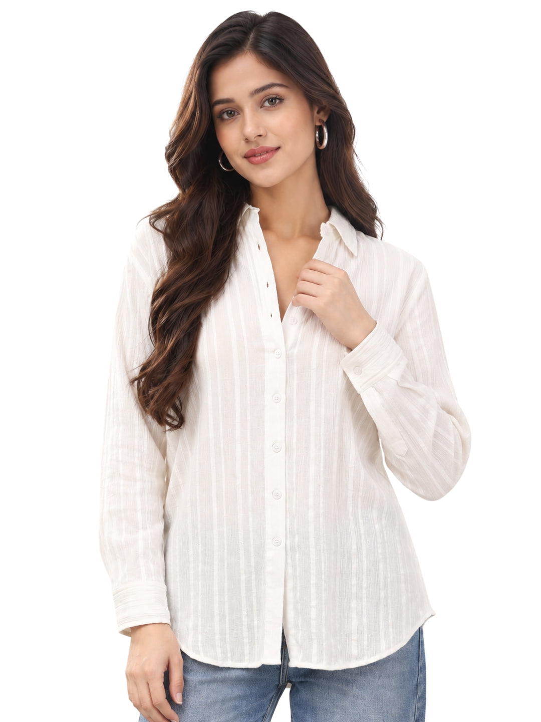 Women’s White Textured Striped Relaxed Fit Shirt