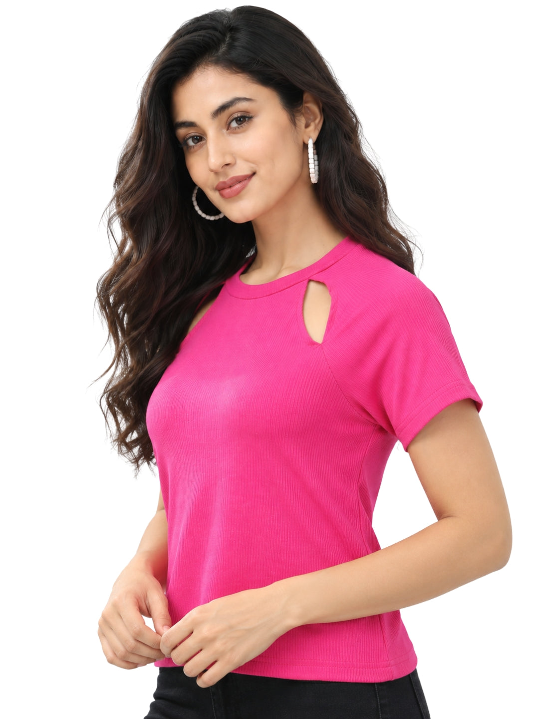 Living CO Women Dark Pink Ribbed Round Neck Short Sleeves Stitched Casual Top
