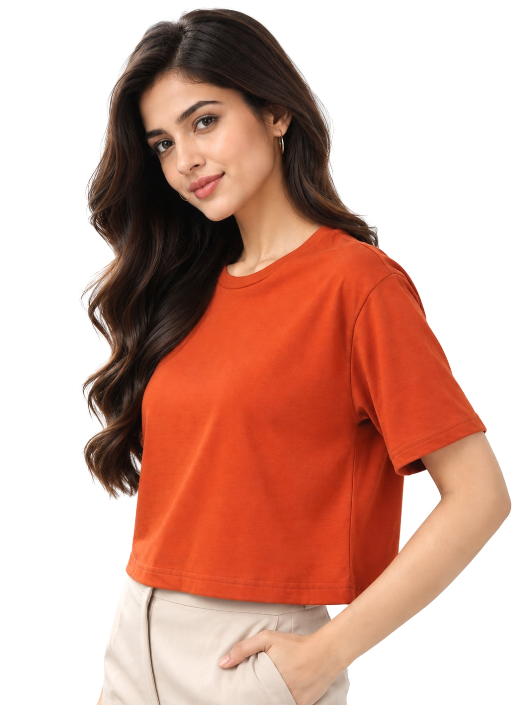 Women’s Rust Cotton Cropped T-Shirt with Crew Neck and Short Sleeves