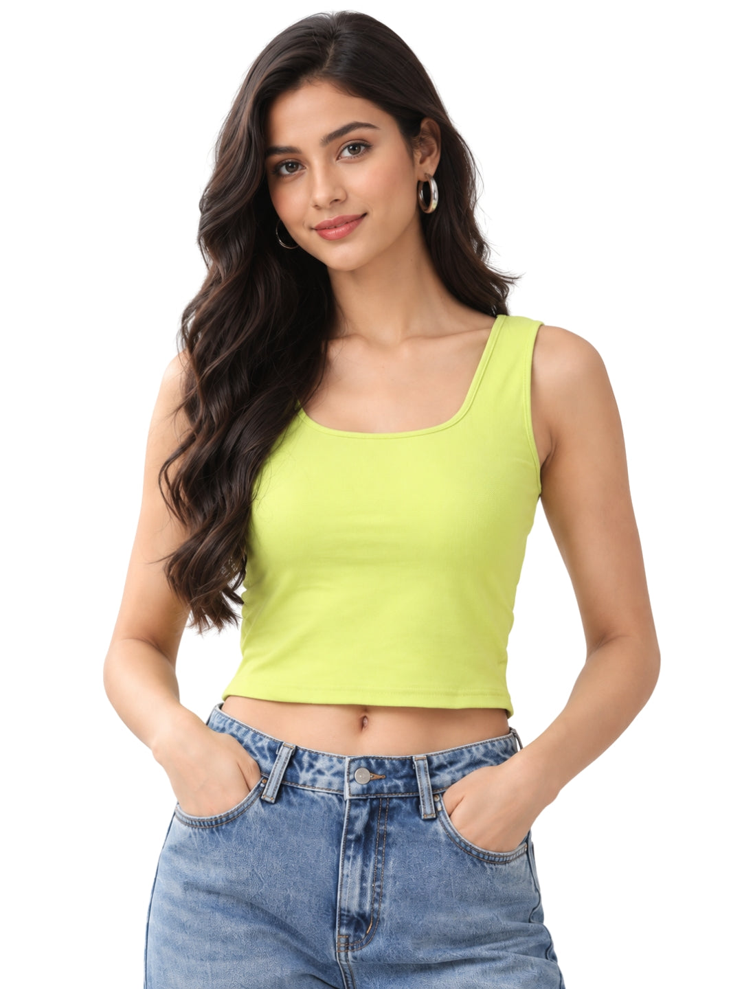 Women’s Lime Green Sleeveless Scoop Neck Fitted Crop Top for Casual Everyday Styling