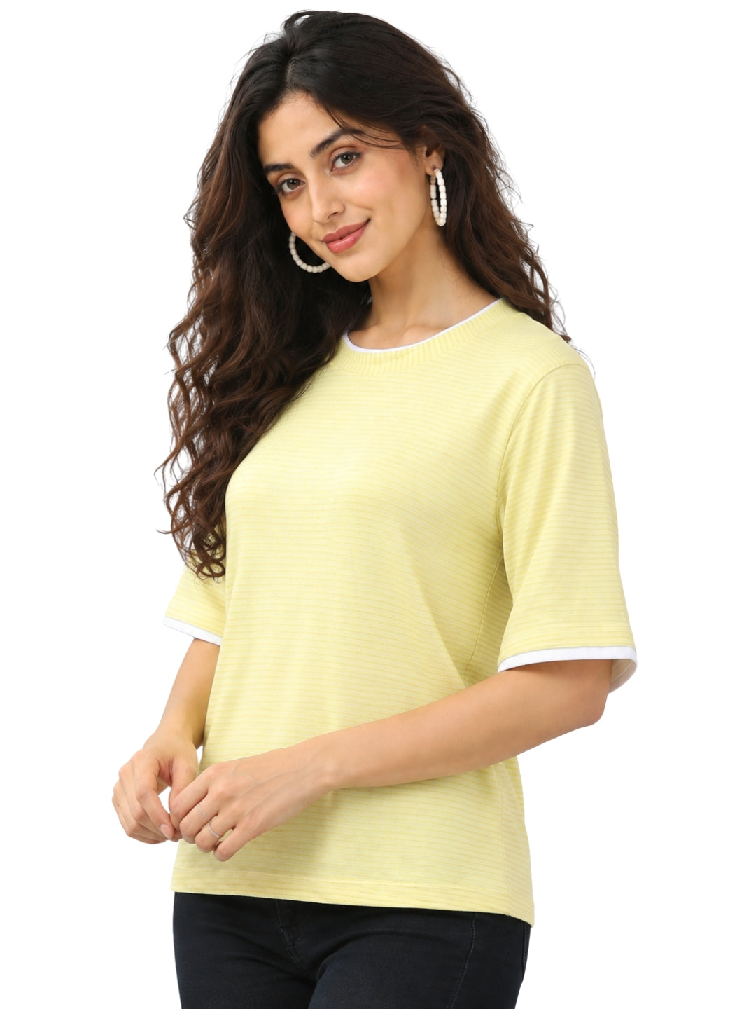 Living CO Women Light Yellow Cotton Oversized Half Sleeves Round Neck Stitched Jersey T-Shirt