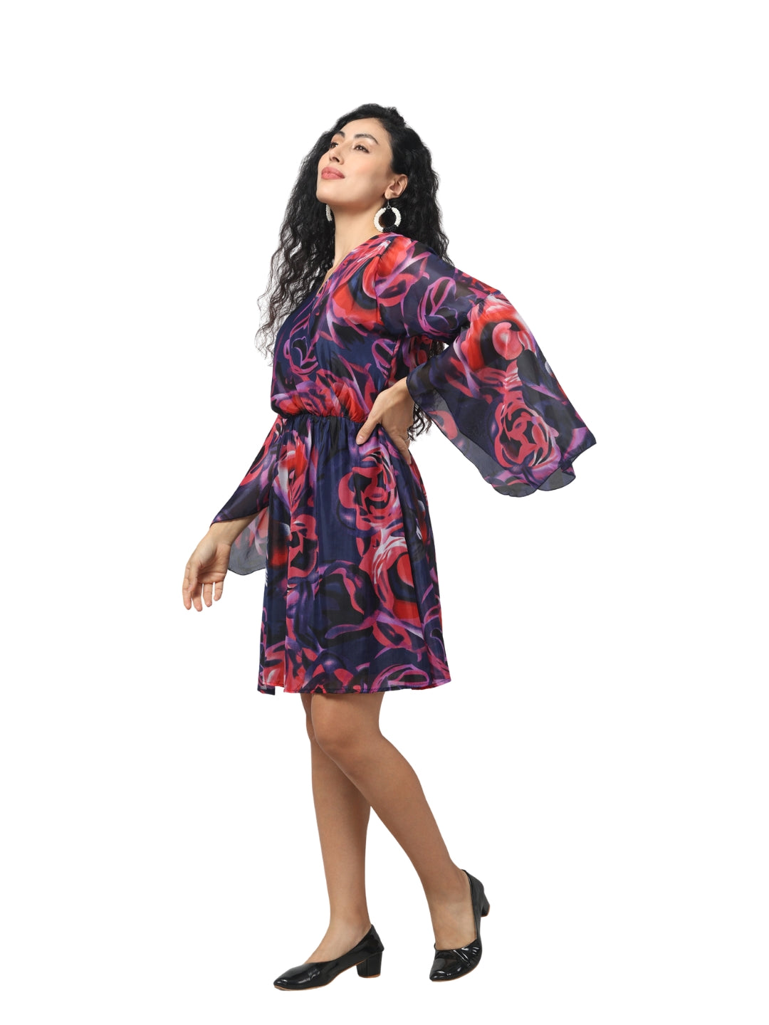 Living CO Women Multicolor Georgette V Neck Flared Sleeves Stitched Printed Knee Length One Piece Dress