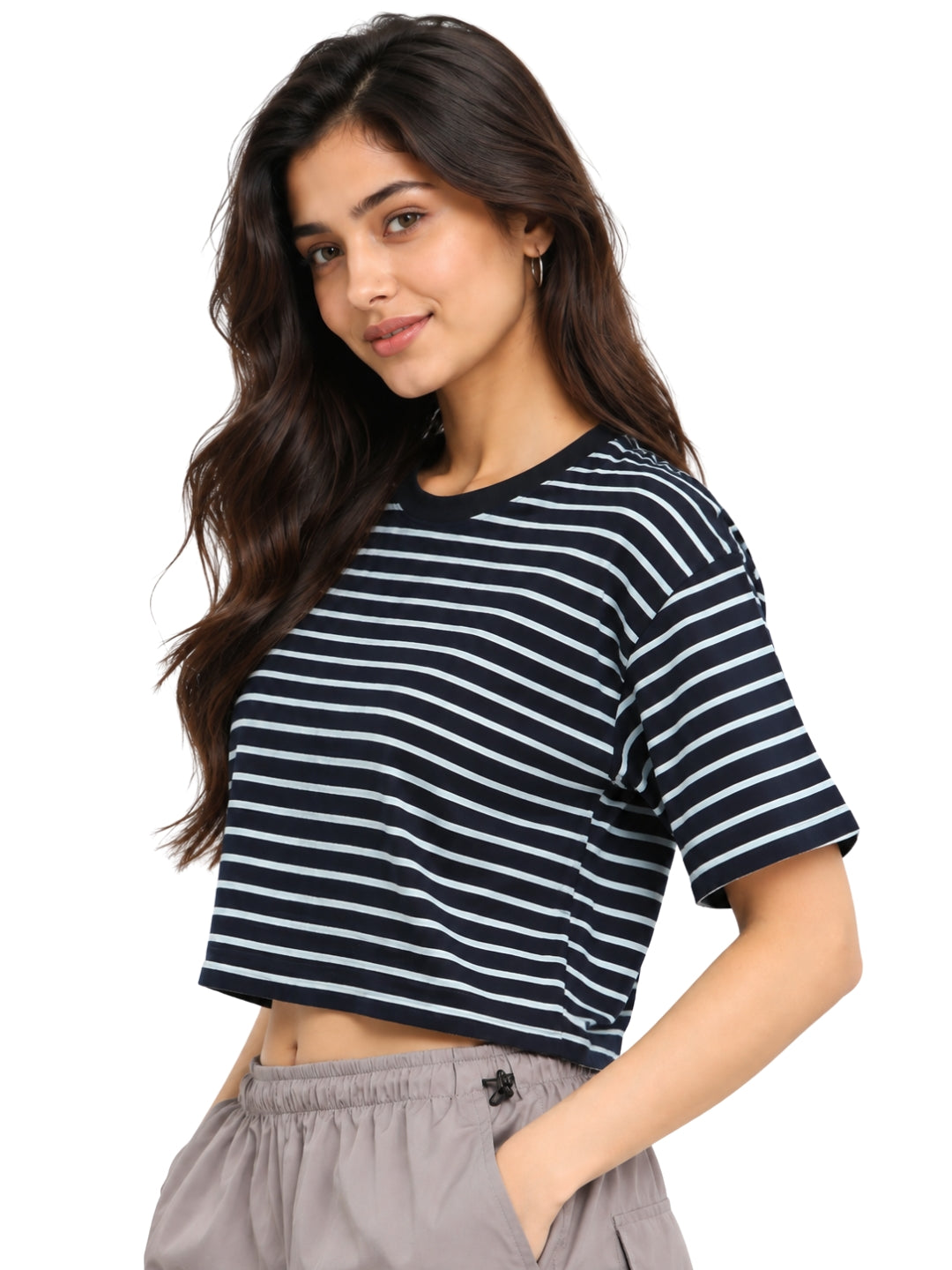 Women’s Navy Blue and White Striped Cotton Cropped T-Shirt with Crew Neck