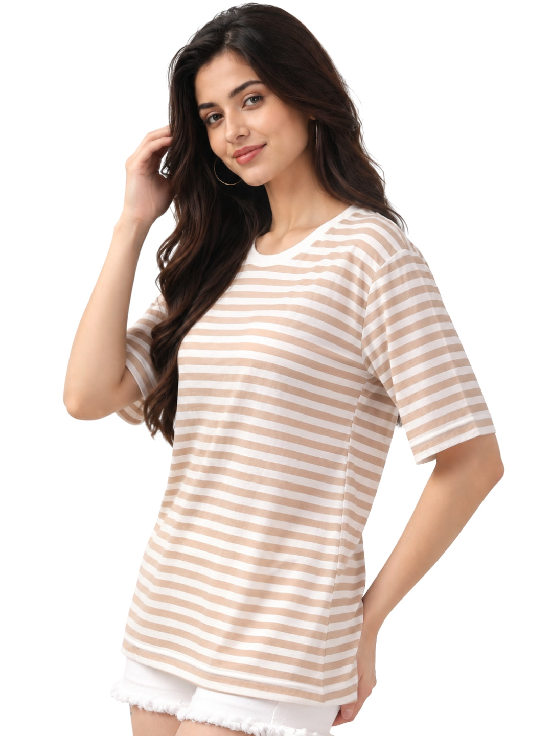Women's Beige and White Striped Cotton Casual T-Shirt with Round Neck and Half Sleeves