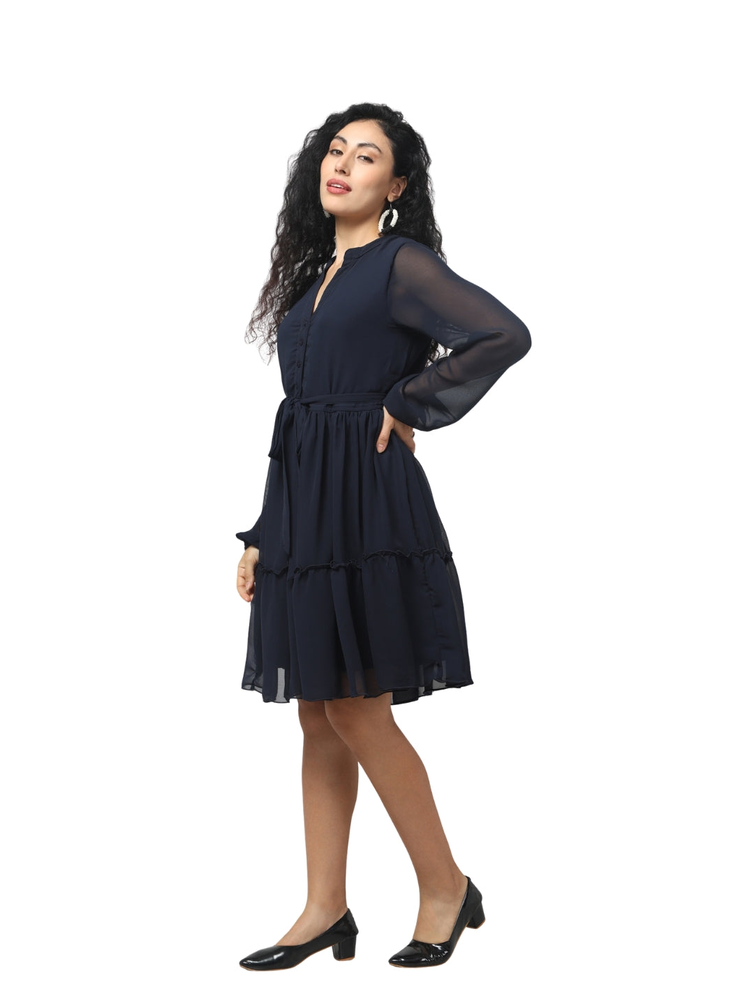 Living CO Women Black Georgette V Neck Long Bell Sleeves Tiered Stitched Knee Length Dress