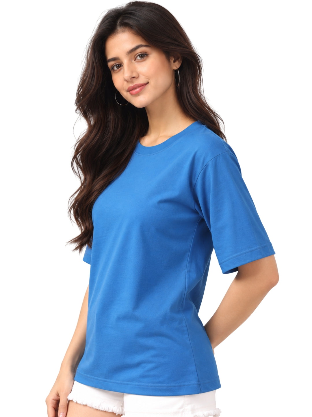 Living CO Women Blue Cotton Round Neck Half Sleeves Stitched Casual T Shirt