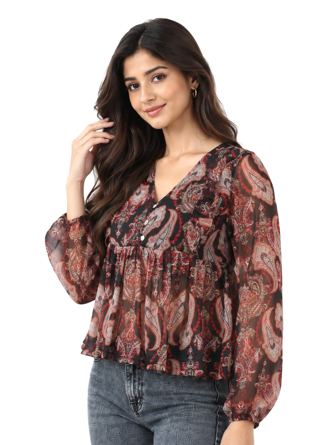 Living CO Women Black Red Paisley Viscose Georgette V Neck Long Sleeves Peplum Top