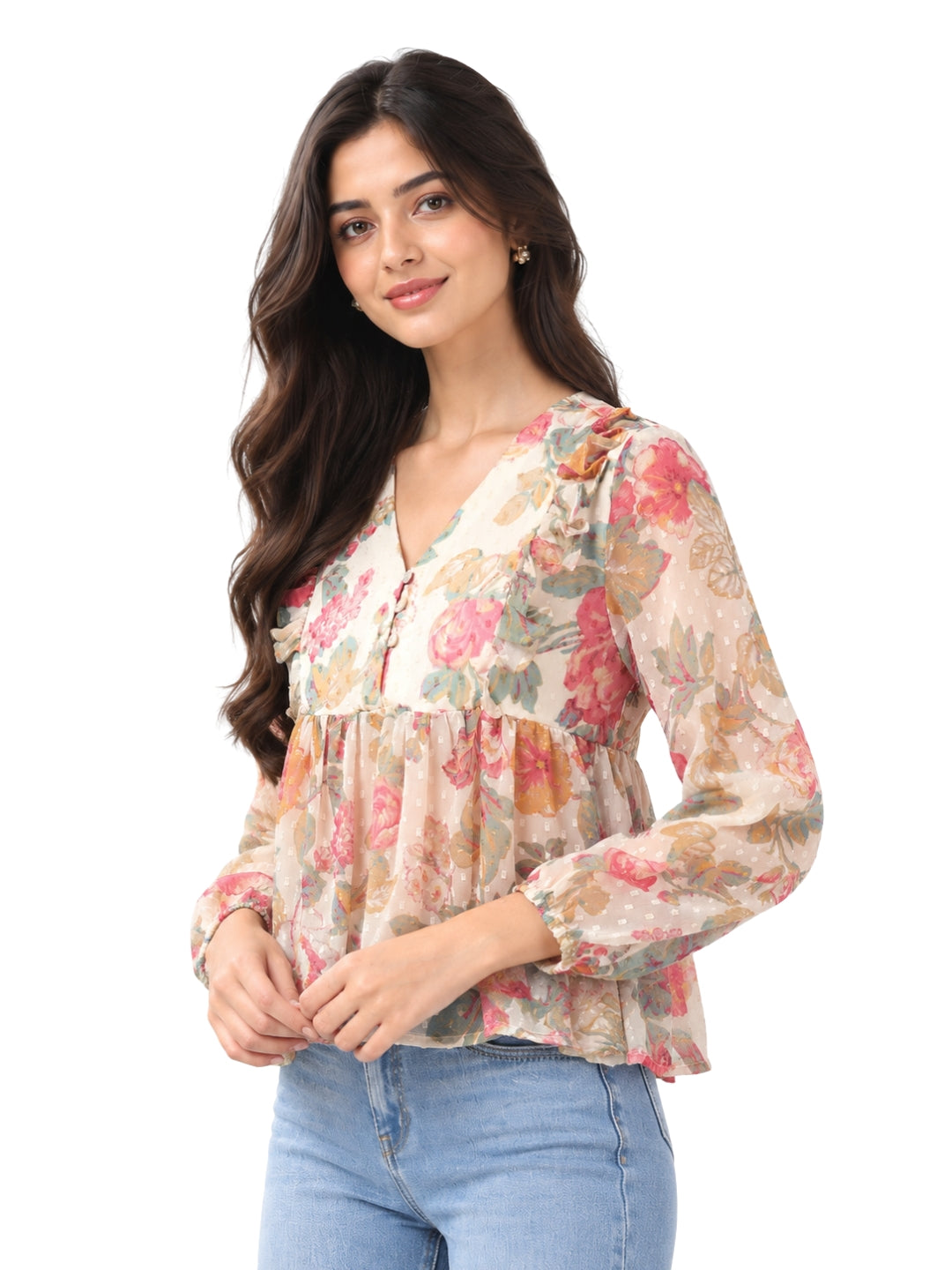 Living CO Women Beige Floral Viscose Chiffon Georgette V Neck Ruffled Peplum Top