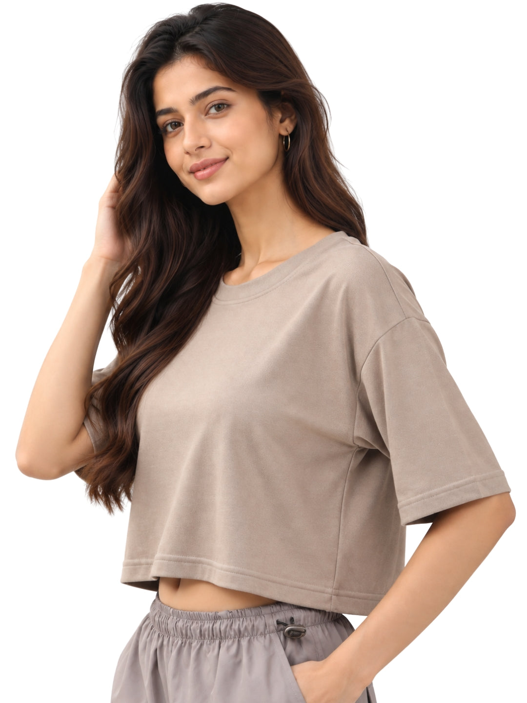 Women’s Beige Cotton Cropped T-Shirt with Crew Neck and Short Sleeves Casual