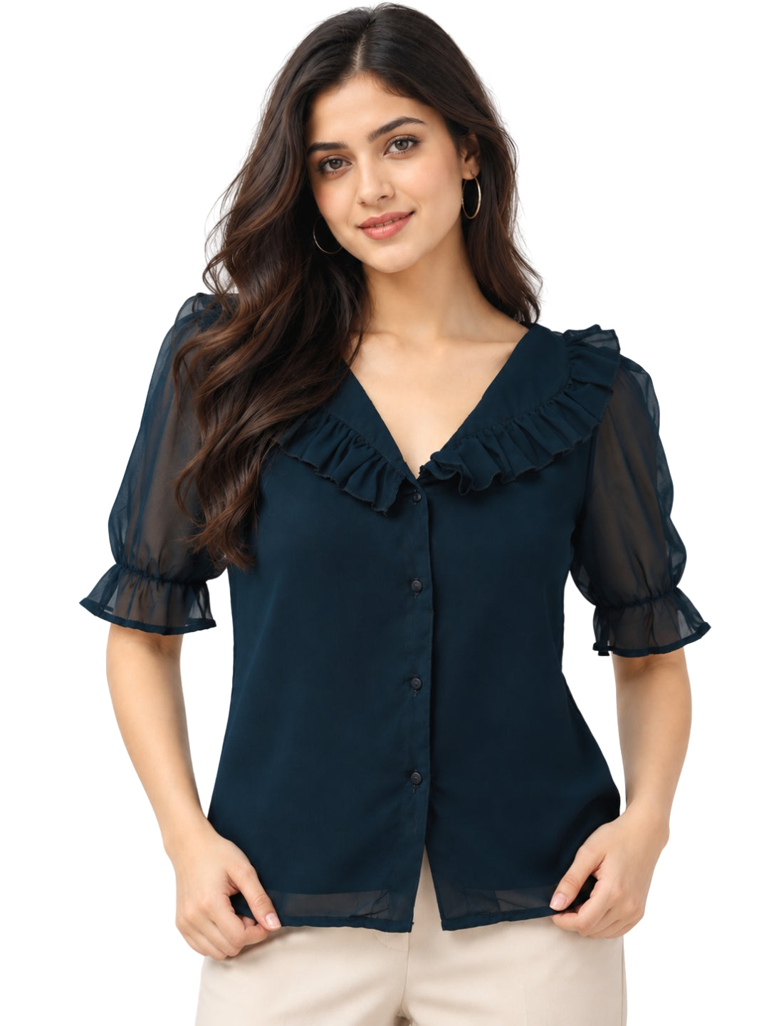 Women's Teal Blue Ruffled V-Neck Button-Down Blouse
