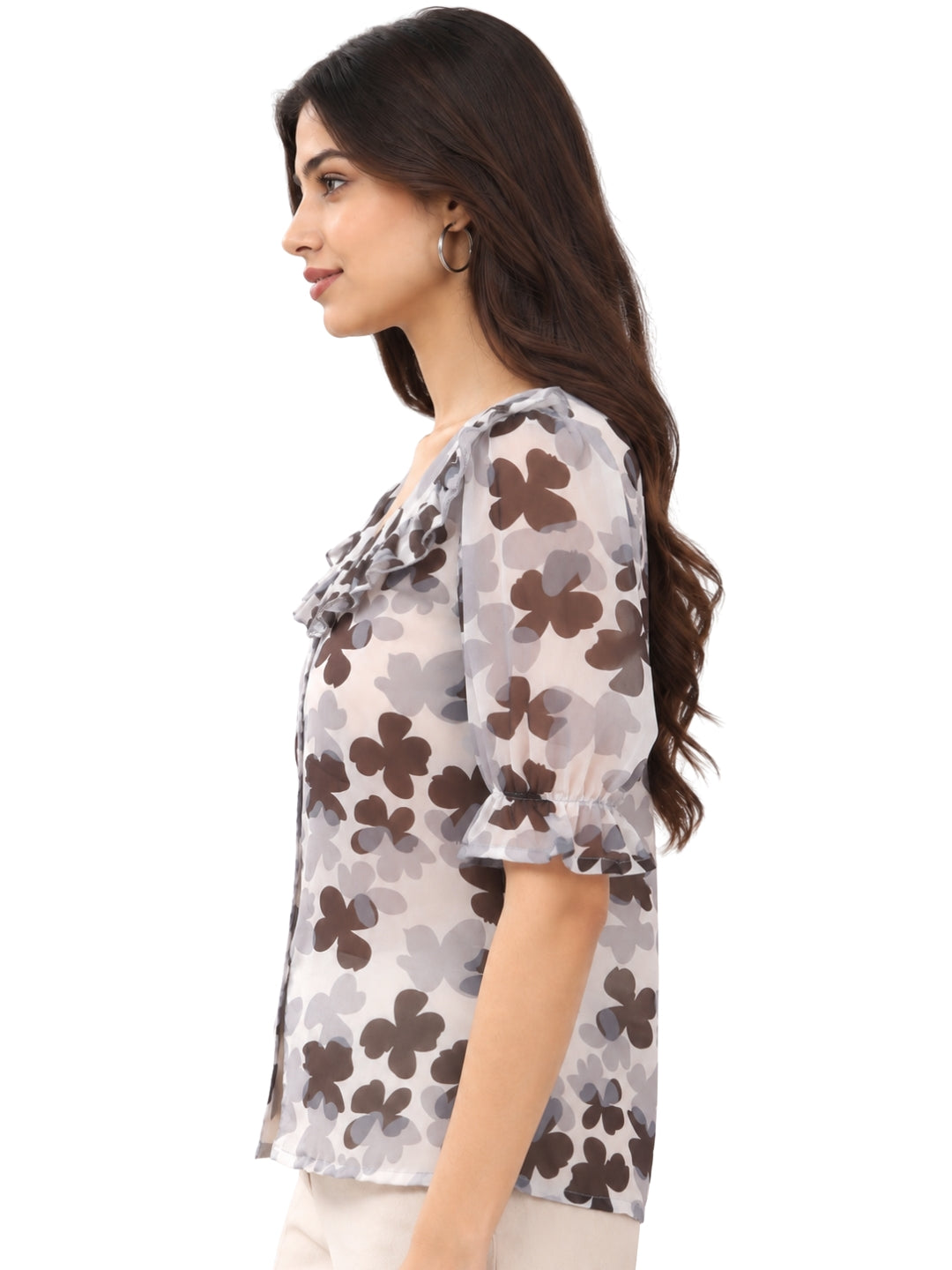 Women’s Elegant Grey Floral Printed Ruffled V-Neck Button-Front Puff Sleeve Casual Top