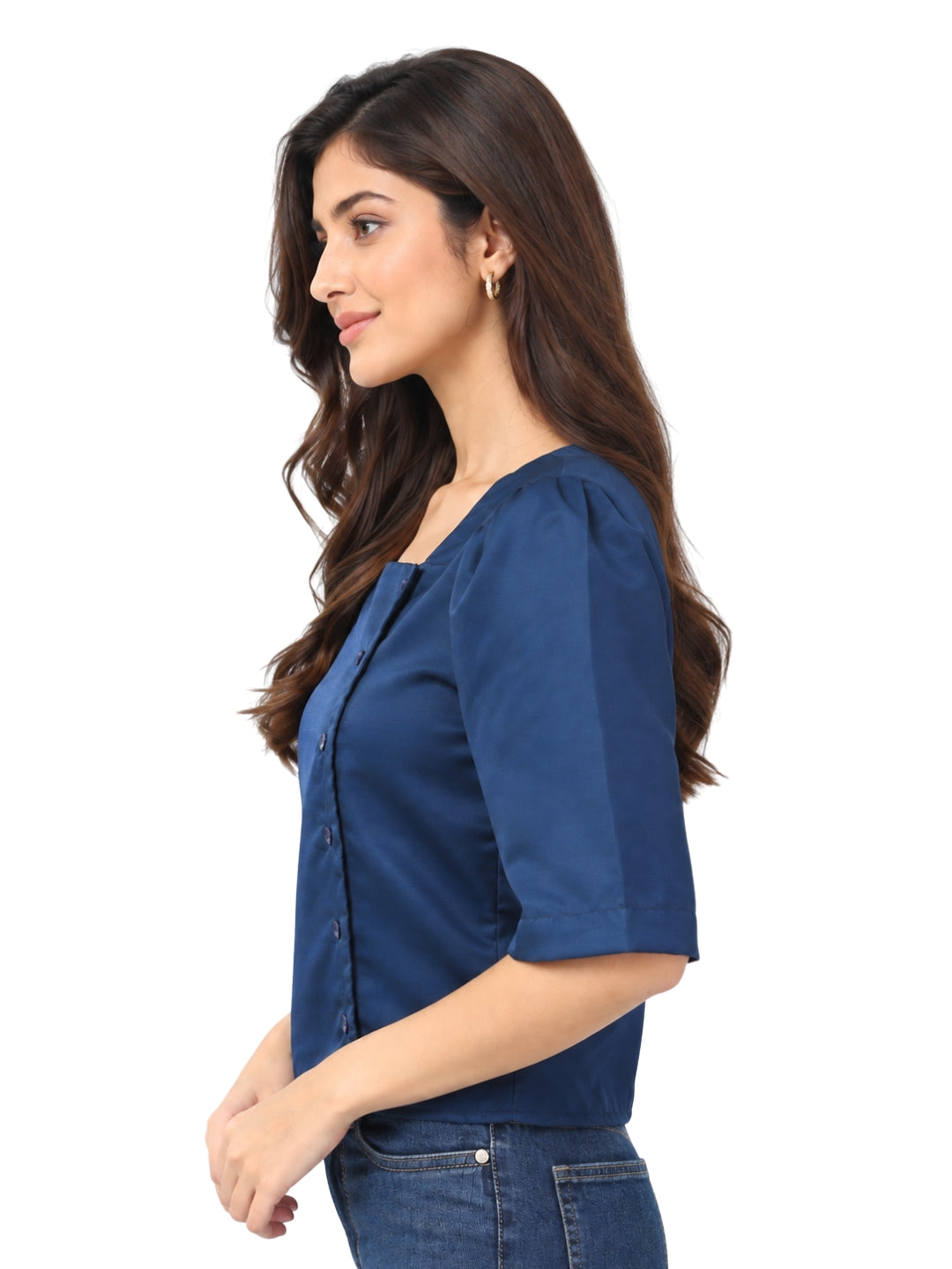 Living CO Women Navy Blue Linen Satin Square Neck Half Sleeves Stitched Korean Top