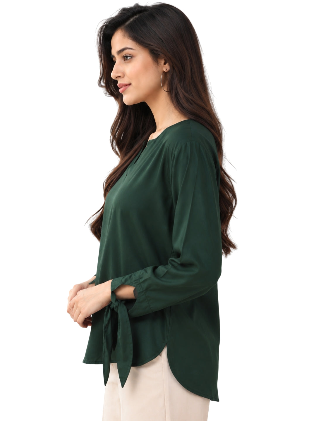 Women’s Dark Green Tie-Sleeve V-Neck Top