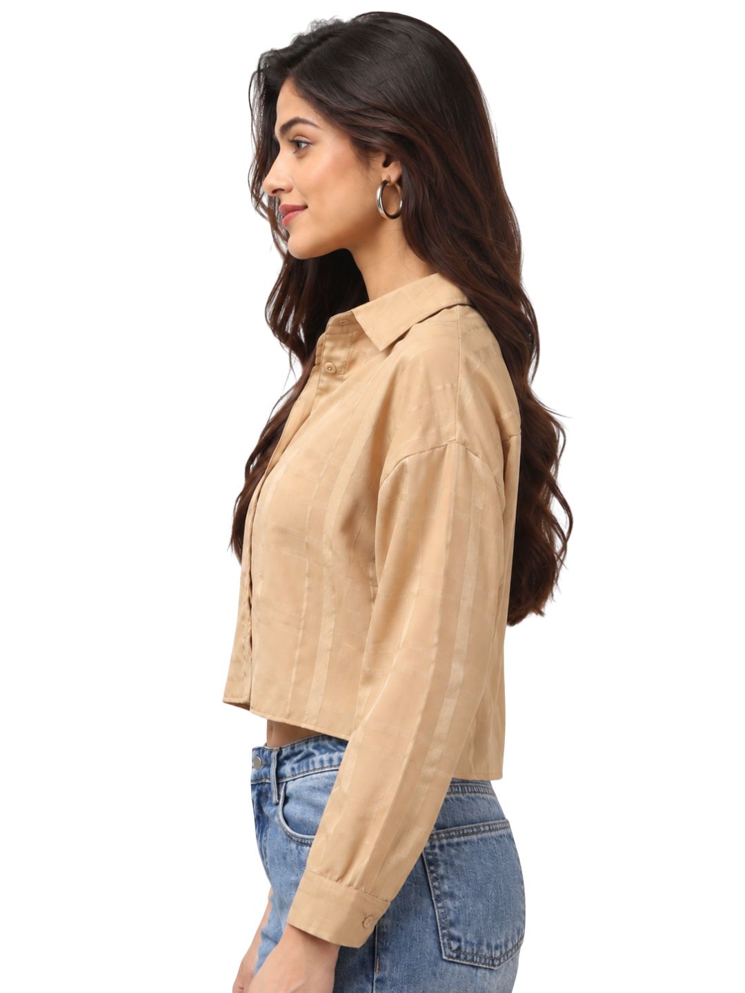 Women’s Beige Checked Cropped Full Sleeve Collared Button-Down Crop Top with Subtle Check Pattern