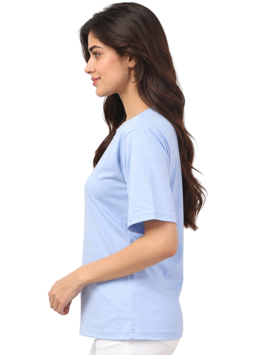 Living CO Women Powder Blue Cotton Round Neck Half Sleeves Stitched Casual T Shirt