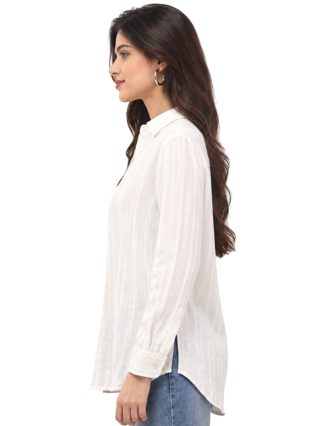 Women’s White Textured Striped Relaxed Fit Shirt